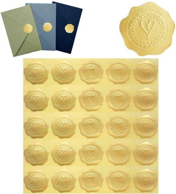 Gold Embossed Wax Seal Looking Love Heart Envelope Seals Stickers 1.5 Inch  Embossing Adhesive Envelope Sealing